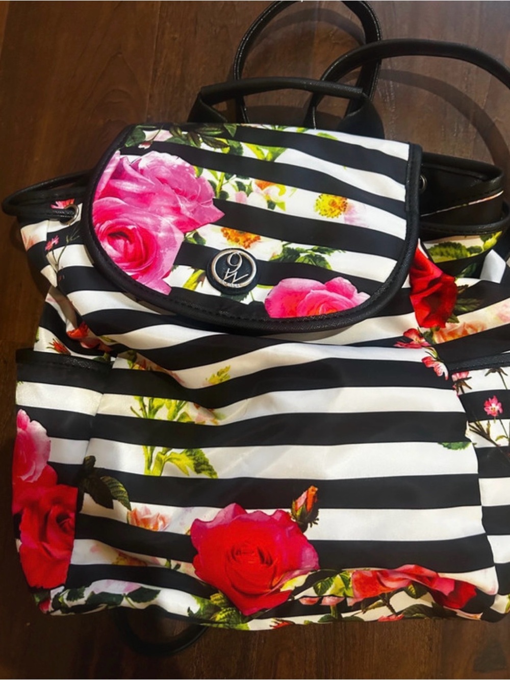 Nine West Floral Stripe Backpack - Black & Pink